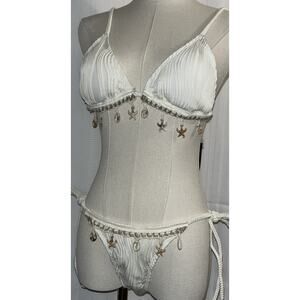 Sexy Triangle Halter Wrinkled Bikini with Starfish & Lobster Claw Shells White S